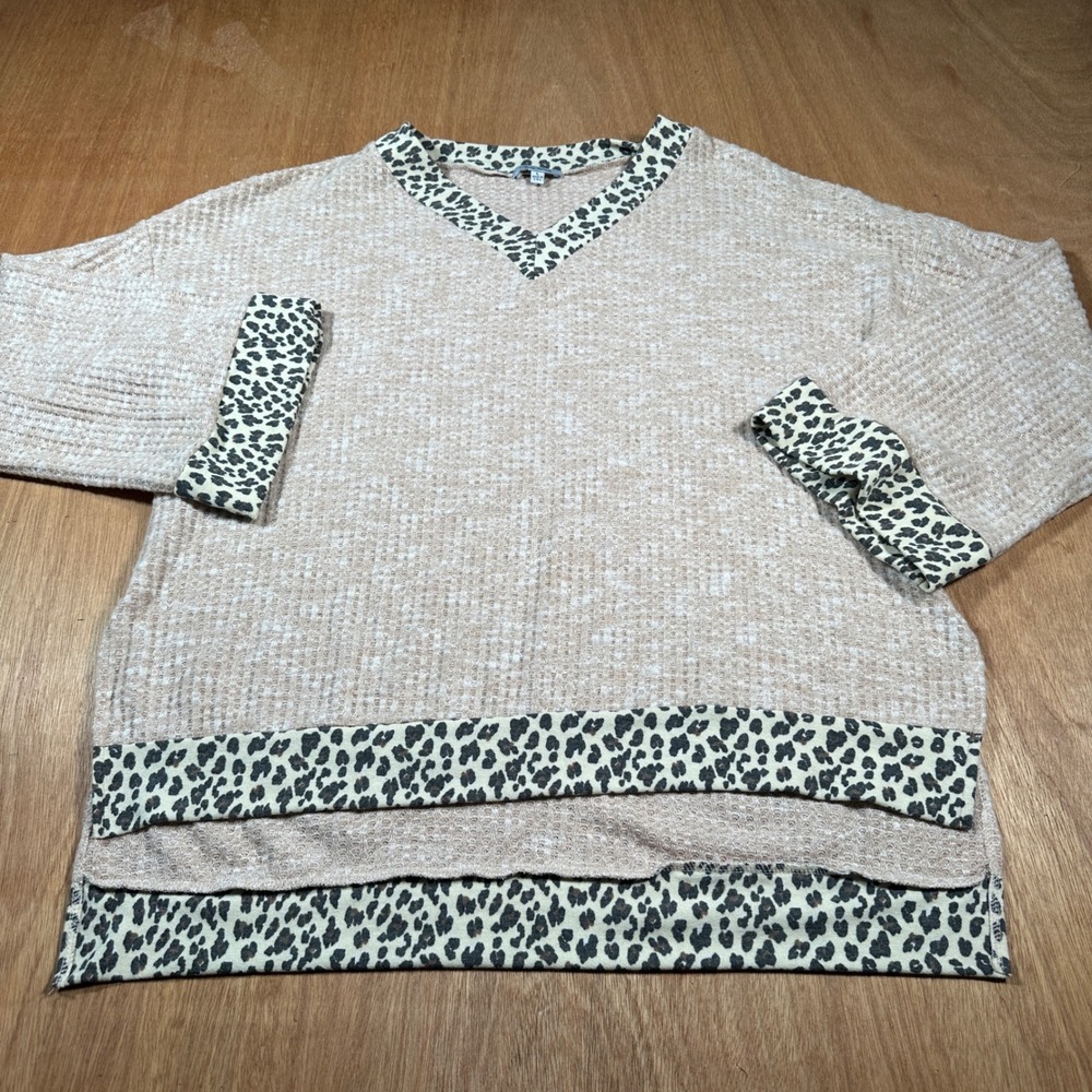 White Birch Sweater Women Large Tan Leopard Waffle Knit V-Neck Top T22302A1XL